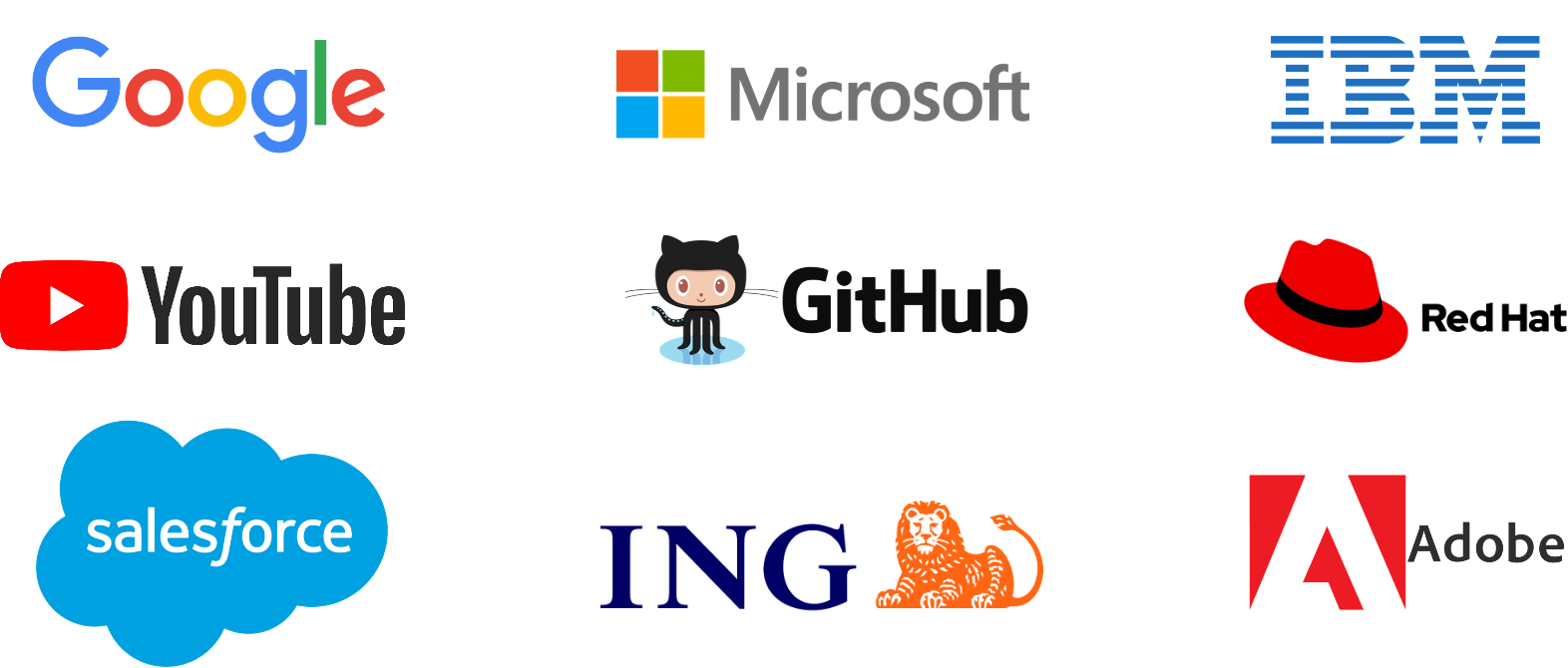 Google, Microsoft, YouTube, IBM, ING Bank, RedHat, GitHub, Salesforce, Adobe